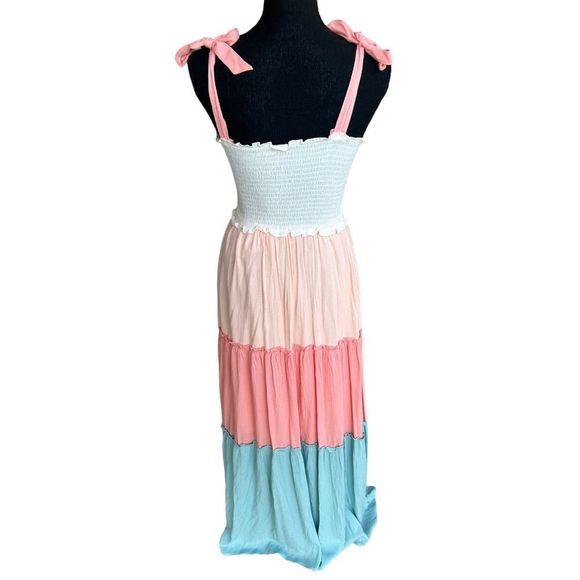 Women’s Tiered Color Block Smocked Maxi Dress-Tie Sleeves-See Description on SZ - Picture 13 of 16